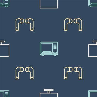 Hat monitör ekranını, hava kulaklıklarını ve mikrodalga fırınını kusursuz desene ayarlayın. Vektör.