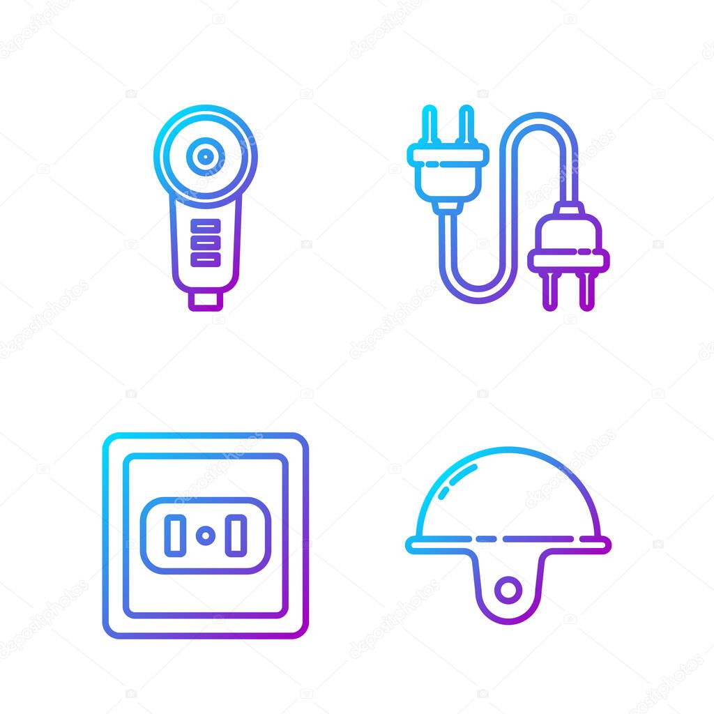 Set line Worker safety helmet, Electrical outlet, Angle grinder and Electric plug. Gradient color icons. Vector.