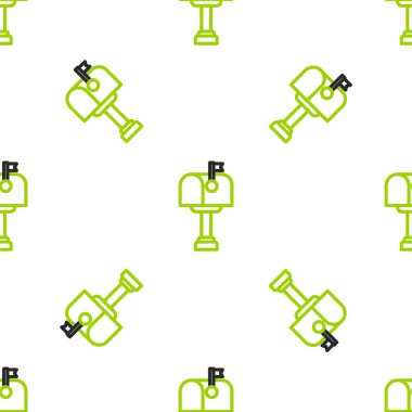 Satır posta kutusu simgesi beyaz arkaplanda izole edilmiş kusursuz desen. Posta kutusu simgesi. Posta kutusunda bayrak var. Vektör İllüstrasyonu