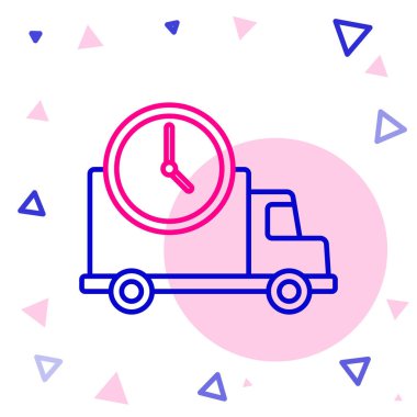 Çizgi Lojistik dağıtım kamyonu ve saat simgesi beyaz arka planda izole edildi. Teslimat zamanı ikonu. Renkli taslak konsepti. Vektör İllüstrasyonu