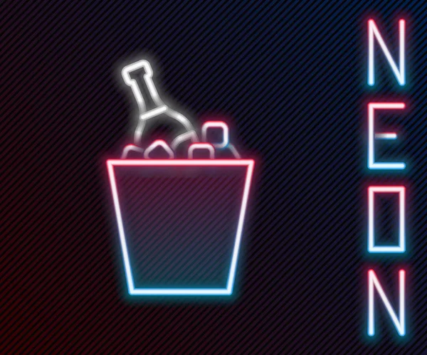 Ragyogó neon vonal Egy üveg pezsgő egy jégvödör ikonban, fekete alapon elszigetelve. Színes vázlat koncepció. Vektorillusztráció — Stock Vector