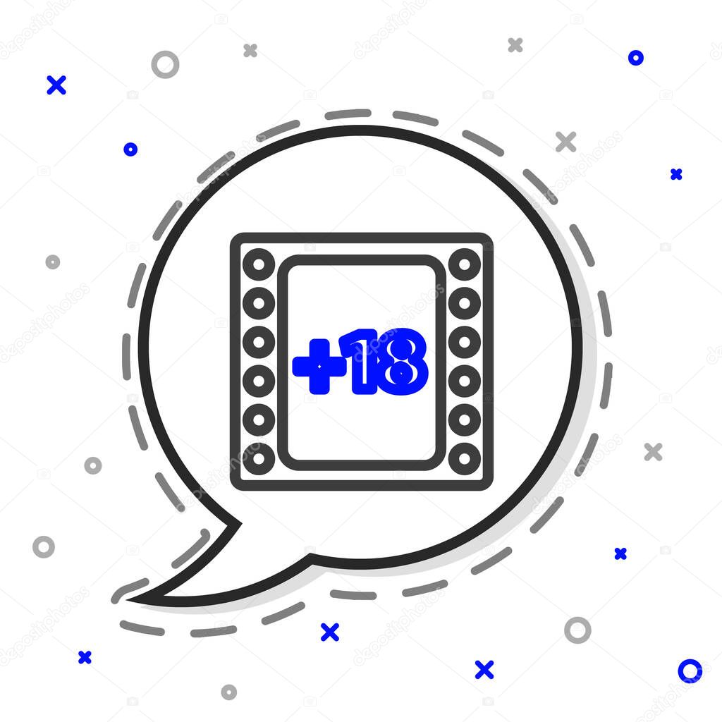 Line Play Video with inscription 18 plus content icon isolated on white background. Age restriction symbol. Adult channel. Colorful outline concept. Vector Illustration