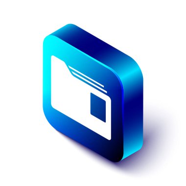 Beyaz arkaplanda Isometric Belge dizin simgesi izole edildi. Muhasebe klasörü sembolü. Muhasebe yönetimi. Mavi kare düğme. Vektör İllüstrasyonu