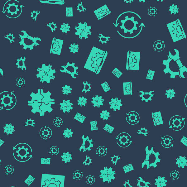 Set Laptop and gear, Gear and arrows as workflow, Gear and Wrench spanner and gear on seamless pattern. Vector