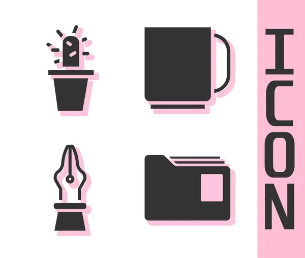 Set cartella Documento, Cactus e succulento in vaso, Stilografica pennino e icona tazza di caffè. Vettore — Vettoriale Stock