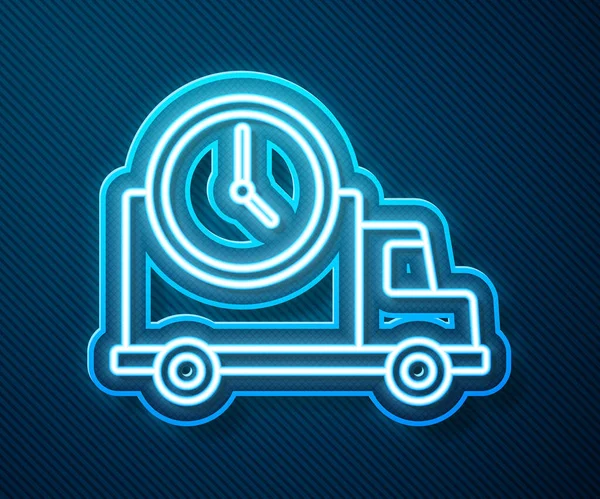 Λαμπερό νέον γραμμή Logistics φορτηγό παράδοσης και το ρολόι εικονίδιο απομονώνονται σε μπλε φόντο. Εικονίδιο χρόνου παράδοσης. Εικονογράφηση διανύσματος — Διανυσματικό Αρχείο