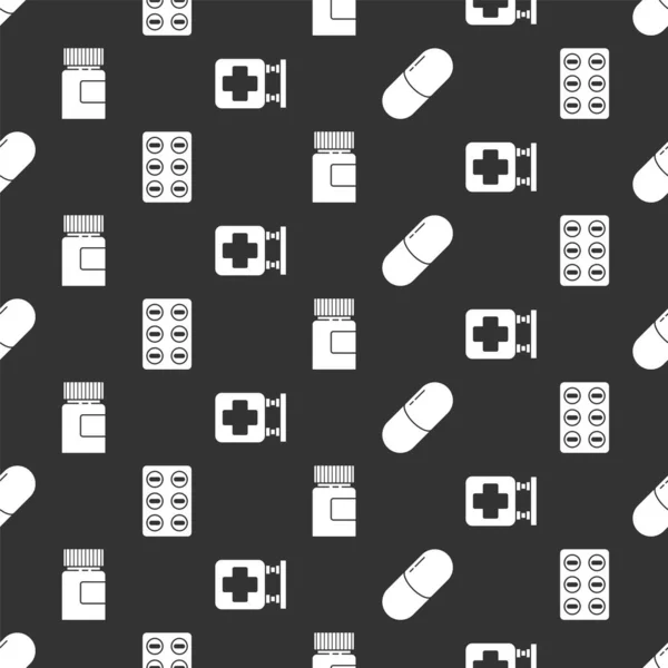 Set Medicijn pil of tablet, pillen in blisterverpakking, Medicijn fles en ziekenhuis signboard op naadloos patroon. Vector — Stockvector