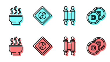 KHK, kağıt, parşömen, parşömen, Çin çay töreni, Yin Yang ve Çin Yuan para birimi ikonu. Vektör