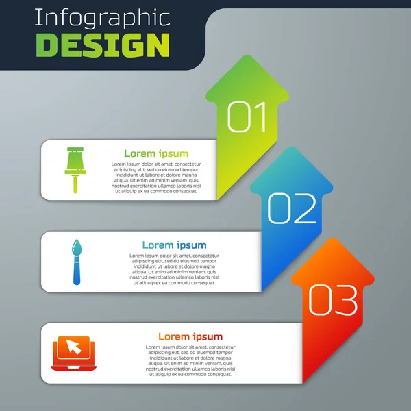 Set Push pin, Pincel e Laptop e cursor. Modelo de infográfico de negócios. Vetor — Vetor de Stock