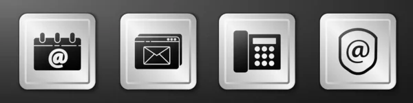 달력을 이메일, 웹 사이트 및 봉투로 설정하고, 메일 및 이메일 아이콘으로 Telephone 과 Shield 를 설정 한다. 은색 네모 단추. Vector — 스톡 벡터