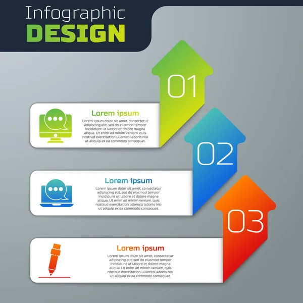 Definir notificação de mensagens de bate-papo no monitor, notificação de mensagens de bate-papo no laptop e lápis com borracha. Modelo de infográfico de negócios. Vetor — Vetor de Stock