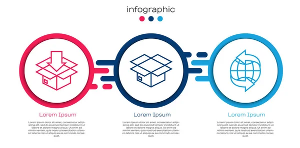 Set line Boîte en carton avec symbole de circulation, boîte en carton et dans le monde entier. Modèle d'infographie d'entreprise. Vecteur — Image vectorielle