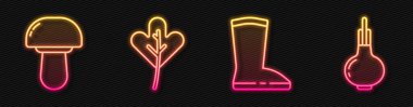 Su geçirmez lastik bot, mantar, yaprak ya da soğan. Parlayan neon ikonu. Vektör