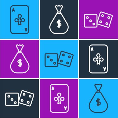 Çizgiyi belirle, kulüpler, oyun zarları ve para çantası ikonu ile kart oyna. Vektör