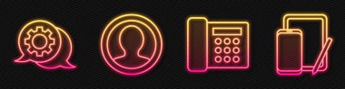 Hattı ayarla, konuşma balonu sohbeti, hesap ekranı ve telefon ve grafik tableti oluştur. Parlayan neon ikonu. Vektör