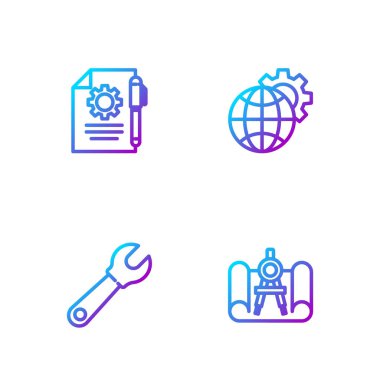 Çizgi çizelge kağıdı ve pusula, İngiliz anahtarı, Doküman ayarları kalemi ve Dünya ekipmanı Globe 'u ayarla. Renk simgeleri. Vektör