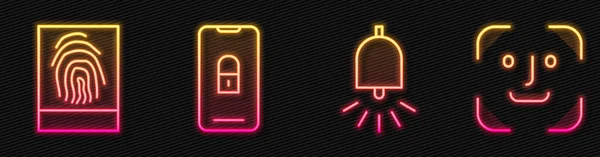 Set line Ringing alarm bell, Fingerprint, Mobile with closed padlock and Face recognition. Glowing neon icon. Vector — Stock Vector