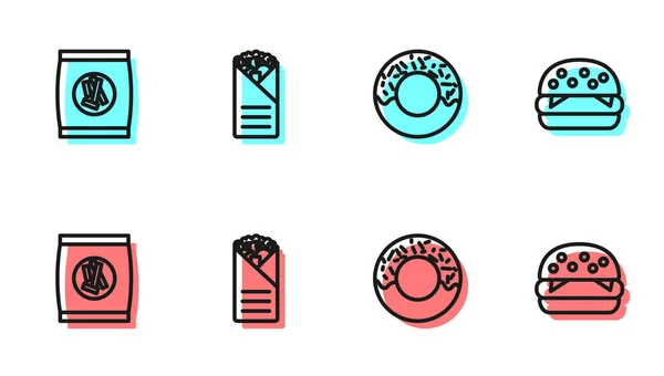 Set line Donut, galletas de pan duro, Kebab Doner y Burger icono. Vector — Archivo Imágenes Vectoriales