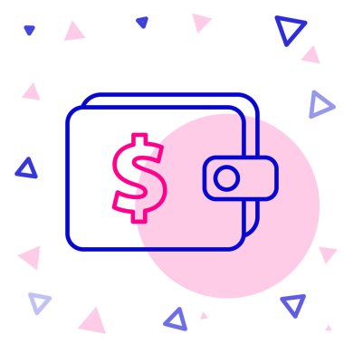 Dolar sembollü çizgi cüzdan beyaz arka planda izole edilmiş. Çanta ikonu. Nakit tasarruf sembolü. Renkli taslak konsepti. Vektör İllüstrasyonu.