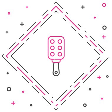 Beyaz arkaplanda çizgi şaplak raket simgesi izole edildi. Fetiş aksesuarı. Yetişkinler için seks oyuncağı. Renkli taslak konsepti. Vektör İllüstrasyonu.