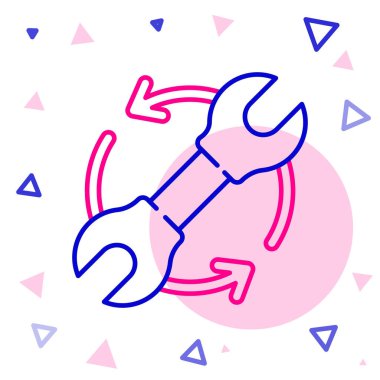 Çalışma akışı simgesi olarak çizgi anahtarı ve oklar beyaz arkaplanda izole edildi. Ayarlama, servis, ayar, bakım, onarım, onarım. Renkli taslak konsepti. Vektör İllüstrasyonu.