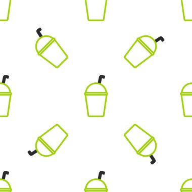 Çizgi milkshake simgesi beyaz arkaplanda izole edilmiş kusursuz desen. Kapaklı ve samanlı plastik bardak. Vektör İllüstrasyonu.