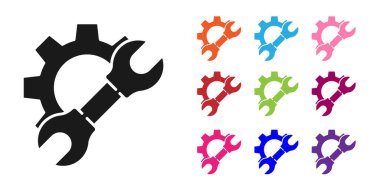 Siyah İngiliz anahtarı ve vites simgesi beyaz arkaplanda izole edilmiş. Ayarlama, servis, ayar, bakım, onarım, onarım. Simgeleri renklendirin. Vektör İllüstrasyonu.