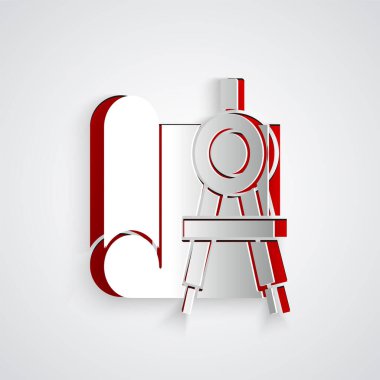 Gri arkaplanda, mühendislik ve pusula simgesi çizimi için kağıt kesiği. Kağıt sanatı tarzı. Vektör İllüstrasyonu.