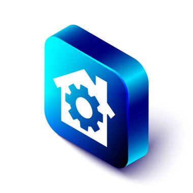 Beyaz arka planda vites simgesi olan Isometric House ya da ev. Ayarlama, servis, ayar, bakım, onarım, onarım. Mavi kare düğme. Vektör İllüstrasyonu.