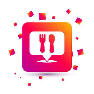 Beyaz Kafe ve restoran konumu simgesi beyaz arka planda izole edildi. Noktanın içinde çatal ve kaşık yeme işareti var. Kare renk düğmesi. Vektör İllüstrasyonu..