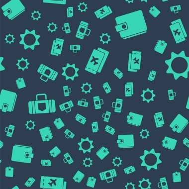 Uçak biletini, cüzdanı, valizi ve Sun 'ı sorunsuz bir şekilde ayarlayın. Vektör.