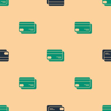 Yeşil ve siyah kredi kartı simgesi bej arka planda kusursuz desen izole etti. Çevrimiçi ödeme. Nakit çekilmesi. Finansal operasyonlar. Alışveriş tabelası. Vektör İllüstrasyonu.
