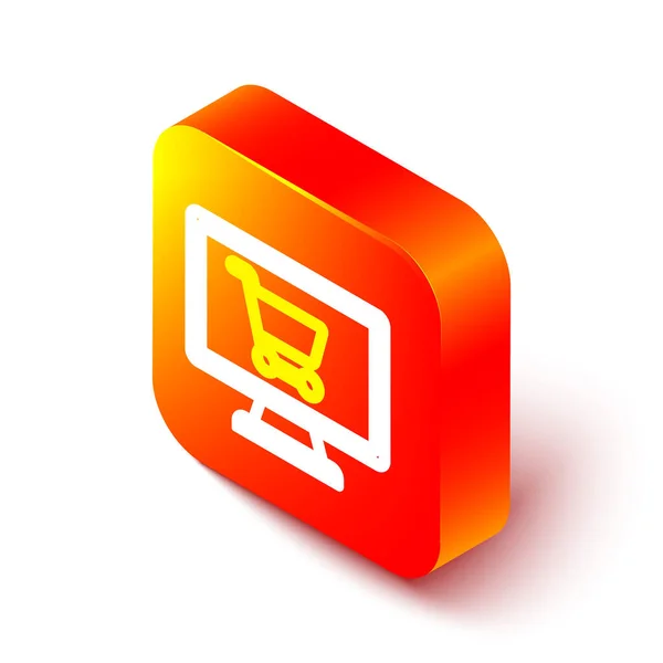 アイソメトリックライン白い背景に隔離された画面コンピュータアイコン上のショッピングカート コンセプト電子商取引 電子ビジネス オンラインビジネスマーケティング オレンジの四角形のボタン ベクターイラスト — ストックベクタ