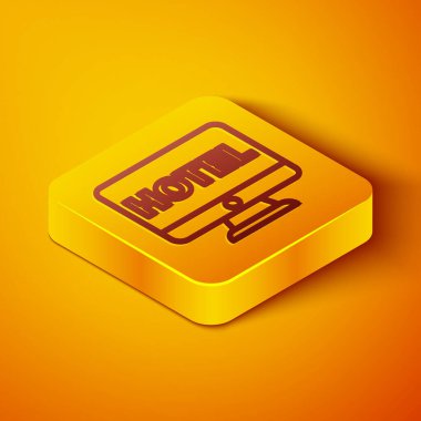 Isometric Line Online otel rezervasyon ikonu turuncu arka planda izole edildi. Bilgisayar monitörü için online rezervasyon tasarımı konsepti. Sarı kare düğme. Vektör İllüstrasyonu.