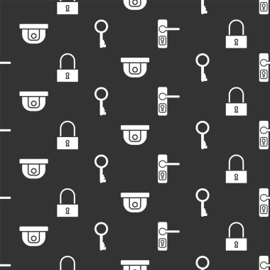 Kapı kolunu, kilidi, hareket algılayıcısını ve eski anahtarı kusursuz desende ayarla. Vektör.