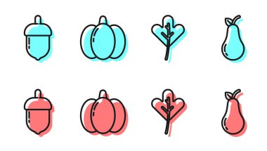 Yaprak ya da yapraklar, meşe palamudu, balkabağı ve armut ikonu. Vektör.