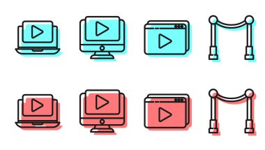 Set line Online oyun videosu, Online oyun videosu, Online oyun videosu ve engelli halı simgesi. Vektör.