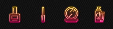 Makyaj tozunu ayna, tırnak cilası şişesi, dosya ve krem losyon kozmetik tüpüyle ayarla. Parlayan neon ikonu. Vektör.