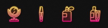 Parfüm, yuvarlak makyaj aynası, Mascara fırçası ve krem kozmetik tüp. Parlayan neon ikonu. Vektör.