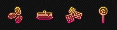 Cracker bisküvisi, tavuk nugget, krep yığını ve lolipop. Parlayan neon ikonu. Vektör.
