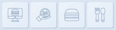 Çevrimiçi sipariş ve dağıtım hattı, Burger, Clock 24 saat ve Fork spoon. Beyaz kare düğme. Vektör.