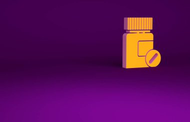 Portakal suyu şişesi ve mor arka planda izole edilmiş hap ikonu. Şişe hapı işareti. Eczane tasarımı. Minimalizm kavramı. 3d illüstrasyon 3B canlandırma.