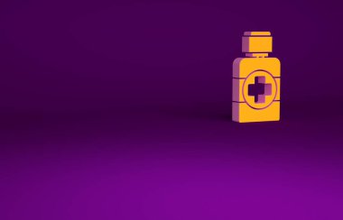 Mor arka planda izole edilmiş turuncu ilaç şurubu ikonu. Minimalizm kavramı. 3d illüstrasyon 3B canlandırma.