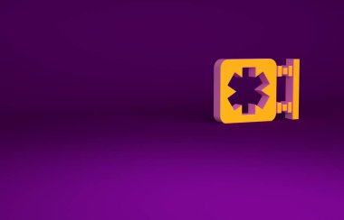 Acil 'in turuncu tıbbi sembolü. Mor arkaplanda izole edilmiş Yaşam Yıldızı simgesi. Minimalizm kavramı. 3d illüstrasyon 3B canlandırma.