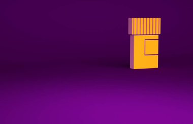 Mor arka planda izole edilmiş turuncu ilaç şişesi ikonu. Şişe hapı işareti. Eczane tasarımı. Minimalizm kavramı. 3d illüstrasyon 3B canlandırma.