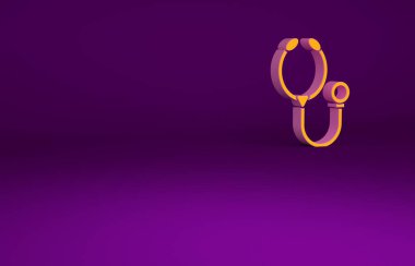 Mor arka planda izole edilmiş turuncu steteskop tıbbi araç simgesi. Minimalizm kavramı. 3d illüstrasyon 3B canlandırma.