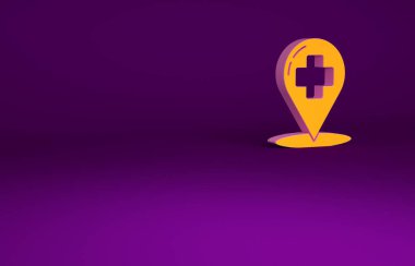 Mor arkaplanda hastane simgesi olan turuncu tıbbi harita işaretçisi. Minimalizm kavramı. 3d illüstrasyon 3B canlandırma.