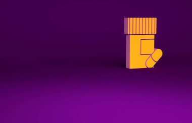 Portakal suyu şişesi ve mor arka planda izole edilmiş hap ikonu. Şişe hapı işareti. Eczane tasarımı. Minimalizm kavramı. 3d illüstrasyon 3B canlandırma.