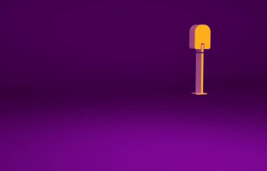 Mor arkaplanda izole edilmiş turuncu kürek ikonu. Bahçe aletleri. Bahçecilik, tarım, çiftçilik aleti. Minimalizm kavramı. 3d illüstrasyon 3B canlandırma.