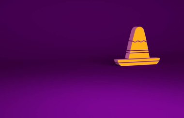 Mor arka planda izole edilmiş turuncu geleneksel Meksika sombrero şapka ikonu. Minimalizm kavramı. 3d illüstrasyon 3B canlandırma.